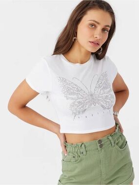 O'Neill - Y2K White Baby Tee with Rhinestone Butterfly Accent